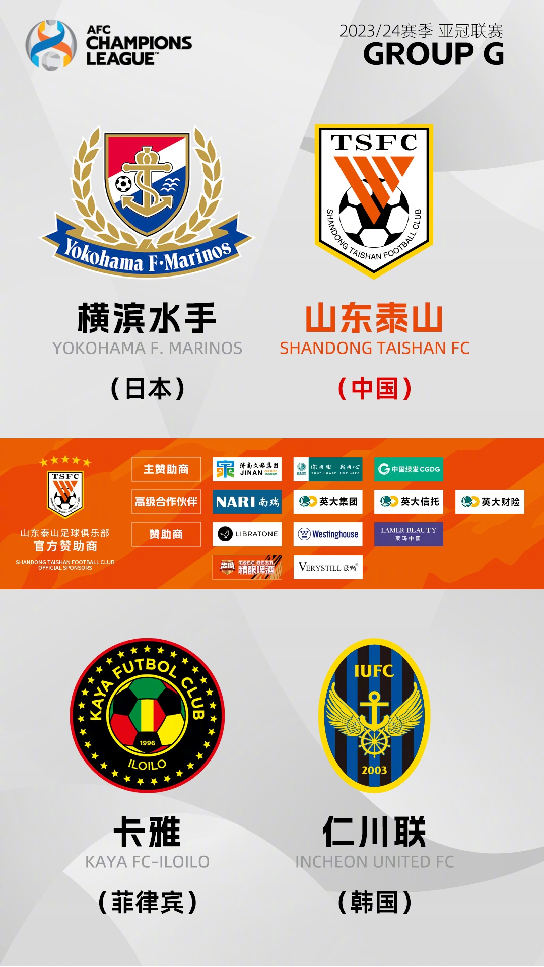 Shandong Taishan is divided into the Asian crown group G, the same group is Japan Yokohama F. Marinos, Philippine Kaya FC, South Korea Incheon Union