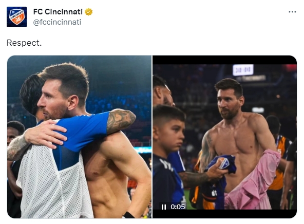 No team is not satisfied! Cincinnati shows Massey’s post-match shirt exchange picture, with text: Respect